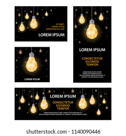 Polygonal light bulbs banners set. Lighting decor with low poly lamps for banner, cover, flyer, announcement, invitation, background.