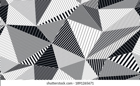 Polygonal linear black and white seamless pattern, graphic monochrome low poly striped endless wallpaper background.