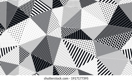 Polygonal linear black and white seamless pattern, graphic monochrome low poly striped endless wallpaper background.