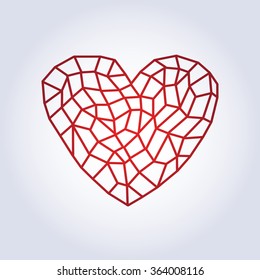 Polygonal linear red heart on white  background.Vector Illustration. Abstract wireframe heart.Love symbol.Low poly style.Valentine day,wedding Vector.Polygons Lowpoly Geometric Heart.Logo