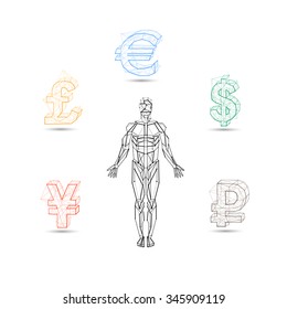 Polygonal lined color geometric set of currency icons with abstract human. Vector illustration