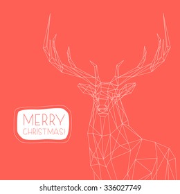 Polygonal lines illustration with text Merry Christmas. Abstract vector Deer on the red background