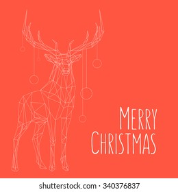 Polygonal lines illustration with text Merry Christmas. Abstract vector Deer on the red background