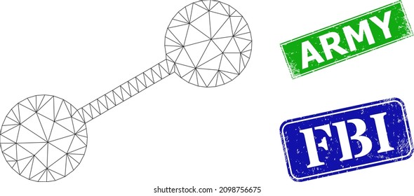 Polygonal linkage image, and Army blue and green rectangle dirty seals. Polygonal wireframe illustration is created from linkage pictogram. Seals include Army text inside rectangle form.