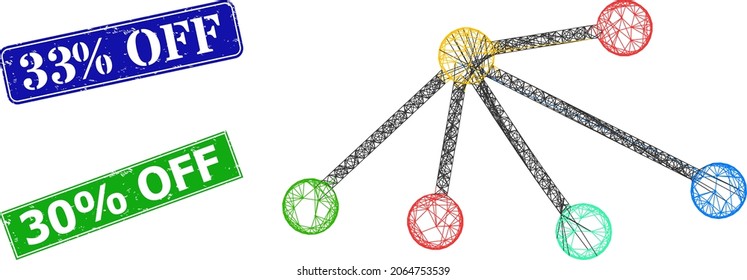 Polygonal links model, and 33 percent Off blue and green rectangular textured stamps. Polygonal wireframe symbol designed with links icon. Stamps have 33 percent Off text inside rectangular frame.