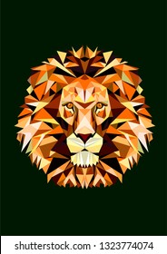 Polygonal lion head in front. Golden wild animal face on green background. Mosaic mascot of triangles. Low poly character portrait for print, sticker, poster, notebook, t-shirt. Vector illustration