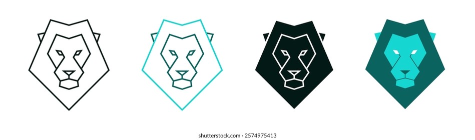 Polygonal lion head icon set. Low poly animal face. Line or solid logo design for web, print, app or branding. Minimalistic symbol. Modern illustration. Polygon geometric art. Editable vector stroke. 