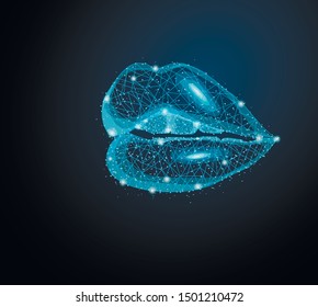 Polygonal lips sign mesh on dark background.Polygonal illustration in the form of a starry sky, lines, dots, polygon
