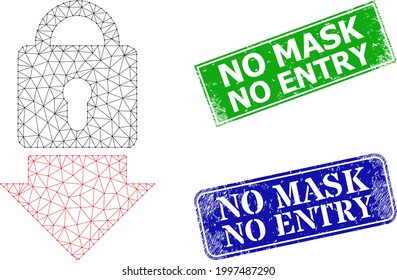 Polygonal lock down image, and No Mask No Entry blue and green rectangle corroded stamps. Mesh carcass image is created from lock down icon.