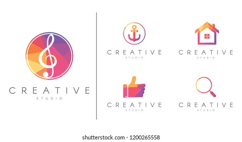 Polygonal Logotype set. Brand identity collection for music, education ,business ,family, social media, vector template.