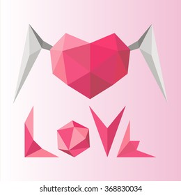 Polygonal love heart with wings on the pink background
