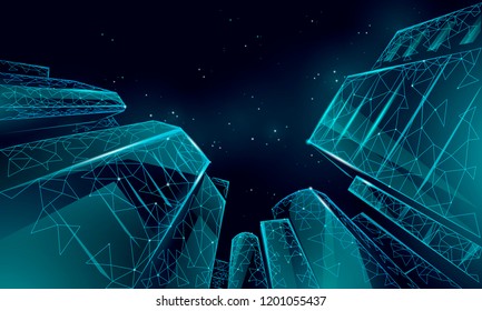 Polygonal Low Angle Business Modern Glass Buildings. Skyscrapers High Rise Reach Sky City Scenery. Finance Banking Futuristic Office Concept. Gigantic Smart House From Below Vector Illustration