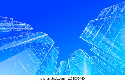 Polygonal low angle business modern glass buildings. Skyscrapers high rise reach sky city scenery. Finance banking futuristic office concept. Gigantic smart house from below vector illustration