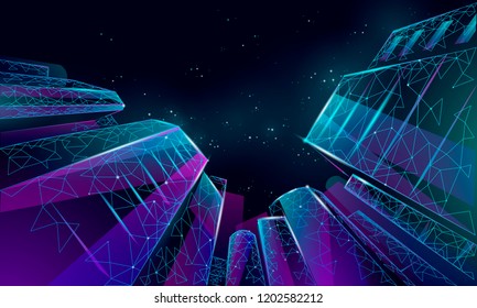 Polygonal low angle business modern glass buildings. Skyscrapers high rise reach sky city scenery. Finance banking futuristic office concept. Starry dark night sky from below vector illustration