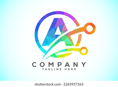 Polygonal low poly A alphabet in a circle with technology sign symbol. Technology logo design concept