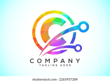Polygonal low poly C alphabet in a circle with technology sign symbol. Technology logo design concept