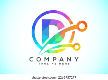 Polygonal low poly D alphabet in a circle with technology sign symbol. Technology logo design concept