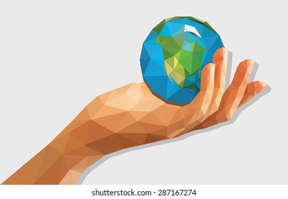 Polygonal Low Poly Disclosed Cupped Left Hand Holding A Globe Isolated.