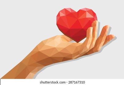 polygonal low poly disclosed cupped left hand holding a heart isolated Valentine's Day.