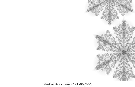 Polygonal low poly festive snowflake. Isolated 3D detailed render geometric triangle greeting card background. Ice snow crystal light sparkle Christmas New Year template vector illustration art
