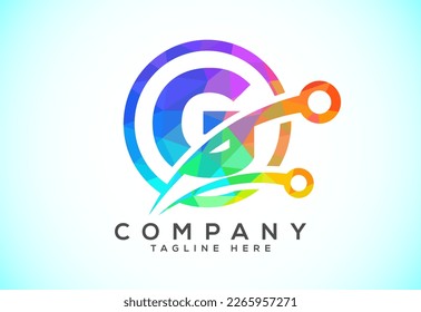 Polygonal low poly G alphabet in a circle with technology sign symbol. Technology logo design concept