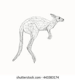 Polygonal low poly illustration of a kangaroo, geometrical triangles linear wire construction. Low poly concept of connection