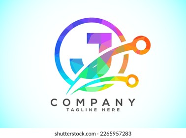 Polygonal low poly J alphabet in a circle with technology sign symbol. Technology logo design concept