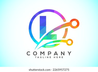 Alfabeto poligonal de baja polilla L en un círculo con símbolo de signo tecnológico. Concepto de diseño de logotipo de tecnología