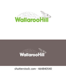Polygonal low poly logo of a kangaroo with creative naming, geometrical triangles linear wire construction. Low poly concept of connection