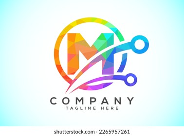 Polygonal low poly M alphabet in a circle with technology sign symbol. Technology logo design concept