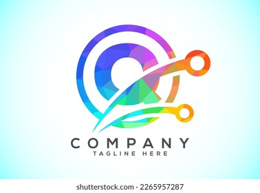 Polygonal low poly Q alphabet in a circle with technology sign symbol. Technology logo design concept