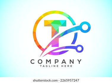 Polygonal low poly T alphabet in a circle with technology sign symbol. Technology logo design concept
