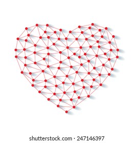 Polygonal low poly valentine heart made from red pins with shadow and thread on white background