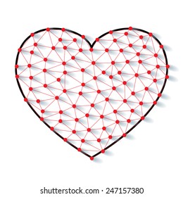 Polygonal low poly valentine heart made from red pins with shadow and thread on white background