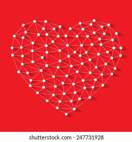 Polygonal Low Poly Valentine Heart Made From White Pins With Shadow And Thread On Red Background