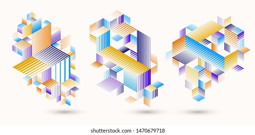Polygonal low poly vector abstract designs set, artistic retro style backgrounds for ads or prints, covers or posters, banners or cards. Linear 3D triangles and cubes elements.