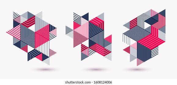 Polygonal low poly vector abstract designs set, artistic retro style backgrounds for ads or prints, covers or posters, banners or cards. Linear 3D triangles and cubes elements.