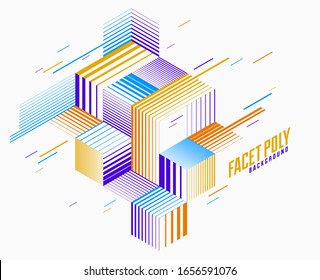 Polygonal low poly vector abstract design, artistic retro style background for ads or prints, cover or poster, banner or card. Linear 3D triangles and cubes elements.