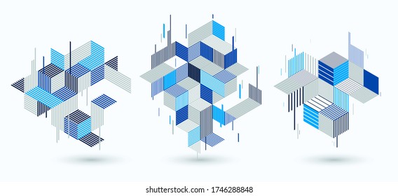 Polygonal low poly vector abstract designs set, artistic retro style backgrounds for ads or prints, covers or posters, banners or cards. Linear 3D triangles and cubes elements.