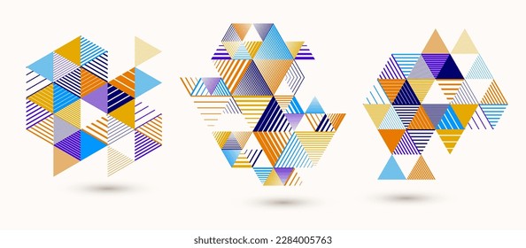 Polygonal low poly vector abstract designs set, artistic retro style backgrounds for ads or prints, covers or posters, banners or cards. Linear 3D triangles and cubes elements.