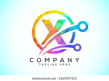 Alfabeto poligonal de polos bajos X en un círculo con símbolo de signo tecnológico. Concepto de diseño de logotipo de tecnología
