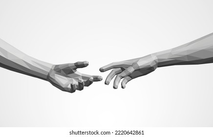 Polygonal Low-poly Hands Reaching to Each Other. Offering Help Gesture