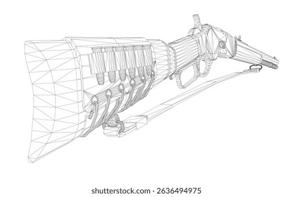 Polygonal, low-poly representation of a Winchester. The design uses geometric shapes and intricate lines to convey the structure and details of the weapon, emphasizing a modern, digital aesthetic.