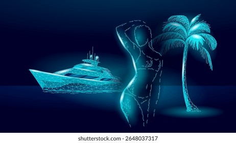 Polygonal luxury yacht woman palm tree illustration. Futuristic vacation escape leisure trip adventure art. Travel tourism relaxation destination lifestyle. Dark blue background blue low poly vector