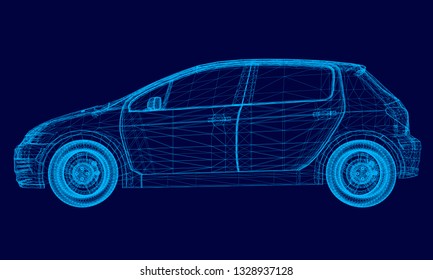 Polygonal machine of blue lines on a dark background. Car wireframe. Side view. 3D. Vector illustration