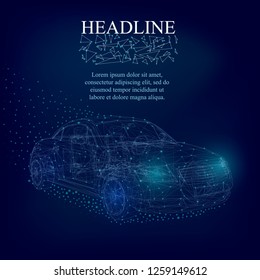 Polygonal machine. Detailed car wireframe on a dark blue background surrounded by shining lights. Isometric. Vector illustration.