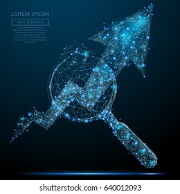 Polygonal magnifying glass and chart. Business concept. Vector mesh spheres from flying debris. Thin line concept. Blue structure style illustration