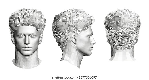 Modelo de cabeça masculina poligonal com vários ângulos e texturas, apresentando uma coleção de moda moderna contra um fundo branco limpo.