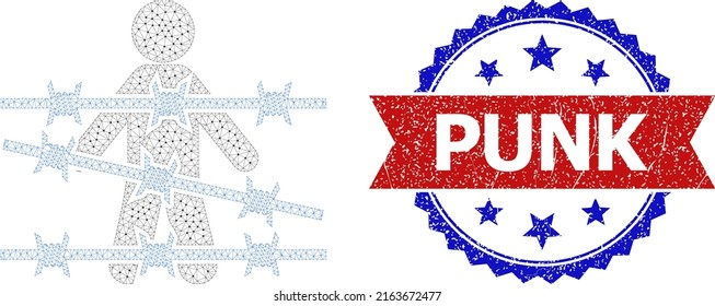Icono de alambre de paro masculino poligonal y precinto de goma bicolor Punk. La ilustración de la trama poligonal se basa en el icono de la detención humana. Impresión vectorial con la leyenda Punk dentro de cinta roja y rosette azul,