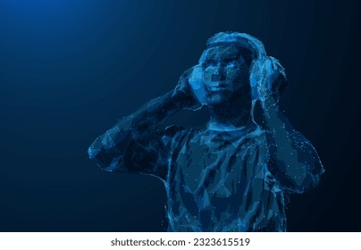 Polygonal man listening to music with wireless headphones and looking away, grid art illustration. dj day. 3D innovative modern technology with connected dots